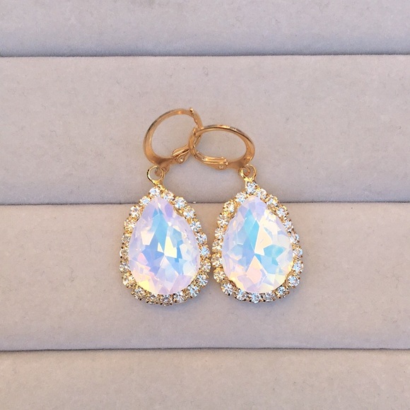 White Opal Aurora Borealis + Gold Pear Crystal Halo Drop Earrings - Picture 3 of 6